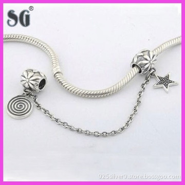 Beautiful Cute Design 925 Sterling Silver Flower Safety Chain with White Star & Swirl Dangle Charm